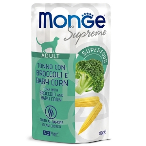 Monge Supreme Adult cat для взрослых кошек с брокколи и мини-кукурузой, паучи 80 г