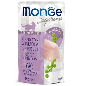 Monge Supreme sterilized cat для стерилизованных кошек тунец с желтоперой камбалой и зелёным горошком, паучи 80г