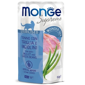 Monge Supreme sterilized cat для стерилизованных кошек с кефалью и зелёной фасолью, паучи 80 г