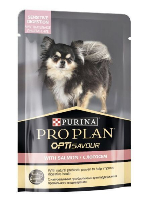 Purina Pro Plan OptiSavour Влажный корм для взрослых собак с чувствительным пищеварением с лососем в соусе, 85гр