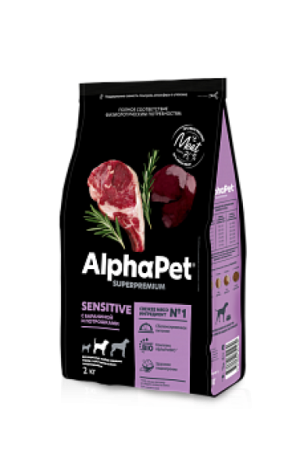 AlphaPet Superpremium Sensetive Для взрослых собак средних пород с чувствительным пищеварением с бараниной и потрошками