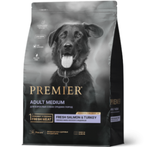 Premier Adult Medium Свежее филе лосося с индейкой для взрослых собак средних пород с нормальной активностью, чувствительной кожей и шерстью или склонных к аллергии