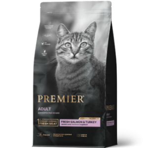Premier Adult Cat Свежее филе лосося с индейкой для взрослых кошек с нормальной активностью, чувствительной кожей и шерстью или склонных к аллергии