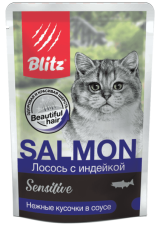 Blitz Sensitive Adult Cat Влажный корм для взрослых кошек с лососем и индейкой в соусе