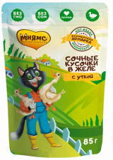 Мнямс Влажный корм "Фермерская ярмарка" Сочные кусочки в желе для кошек с уткой, 85 гр