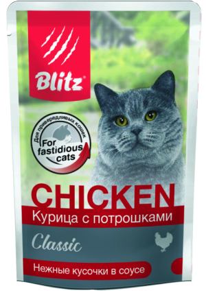 Blitz Classic Adult Cat Влажный корм для взрослых кошек с курицей и потрошками в соусе, 85 гр
