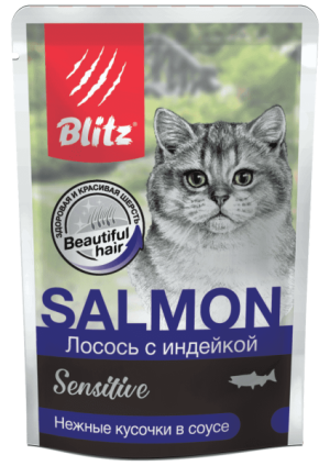 Blitz Sensitive Adult Cat Влажный корм для взрослых кошек с лососем и индейкой в соусе