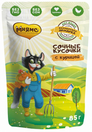 Мнямс Влажный корм "Фермерская ярмарка" Сочные кусочки с курицей, 85 гр